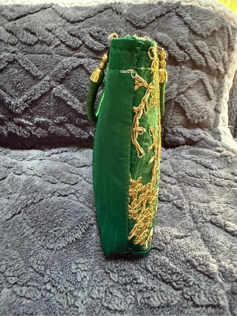 Green Embroidered Evening Bag with Gold Accents 7 x 9”